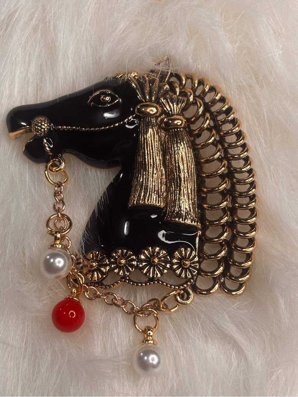 Black & Gold Horse Brooch with Dangle Accents